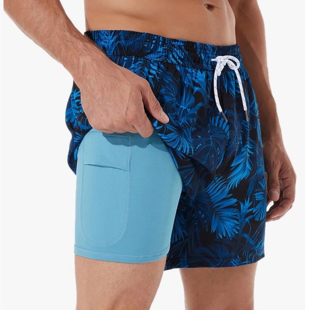 Men’s Blue Palm Swim Trunks 5” Compression Liner Shorts Stretch Zipper Pocket